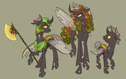 Size: 1943x1224 | Tagged: safe, artist:sourcherry, oc, oc only, changeling, changeling queen, armor, axe, battle axe, brown changeling, changeling queen oc, changeling soldier, female, gray background, jewelry, simple background, soldier, tiara, unnamed oc, weapon