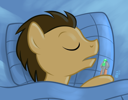 Size: 1200x941 | Tagged: safe, artist:1trick, doctor whooves, pony, 1trickpone's sleeping ponies, bed, doctor who, eyes closed, male, pillow, sleeping, solo, sonic screwdriver, stallion