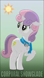 Size: 3000x5313 | Tagged: safe, artist:eagle1division, sweetie belle, oc, oc:snowglade, fanfic:tapestry: a world apart, a world apart, alternate cutie mark, alternate name, alternate timeline, alternate universe, army, clothes, dog tags, fanfic art, floppy ears, fluffy, knife, military, older, scarf, solo, vector