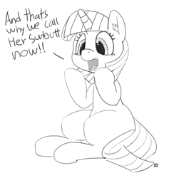 Size: 1280x1349 | Tagged: safe, artist:pabbley, twilight sparkle, and that's how equestria was made, dialogue, monochrome, open mouth, sitting, solo