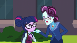 Size: 1280x720 | Tagged: safe, screencap, principal abacus cinch, sci-twi, twilight sparkle, equestria girls, friendship games, clothes, crystal prep academy uniform, eye contact, frown, glare, glasses, gritted teeth, school uniform, wide eyes