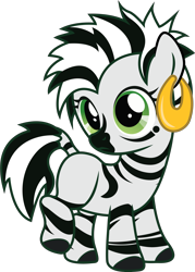Size: 2975x4147 | Tagged: safe, artist:geekladd, oc, oc only, oc:xian, zebra, fallout equestria, fallout equestria: influx, black stripe, blank flank, earring, female, filly, parent:crystal eclair, parent:tooty fruity, parents:tootyeclair, piercing, solo, tootyeclair