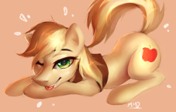Size: 1280x815 | Tagged: dead source, safe, artist:my-magic-dream, braeburn, pony, bedroom eyes, clothes, male, simple background, solo, tongue out, vest, wink