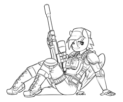 Size: 3241x2703 | Tagged: safe, artist:siden, oc, oc only, oc:frosty winds, anthro, pegasus, fallout equestria: memories, binoculars, female, gun, looking at you, monochrome, rifle, sniper rifle, solo, weapon, x-com