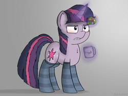 Size: 3043x2282 | Tagged: safe, artist:ashtoneer, twilight sparkle, unicorn twilight, unicorn, chest fluff, clothes, coffee mug, rubik's cube, socks, solo, striped socks, twilight is not amused, unamused