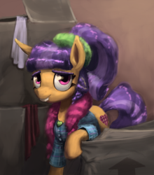 Size: 884x1004 | Tagged: safe, artist:bakuel, plaid stripes, the saddle row review, box, boxes, bucktooth, clothes, cute, eyelashes, leaning, looking at you, plaidabetes, raised hoof, smiling, solo