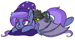 Size: 1000x545 | Tagged: safe, artist:mynder, oc, oc only, oc:torpid astrum, bat pony, griffon, pony, cute, pillow, sleeping, sleepy