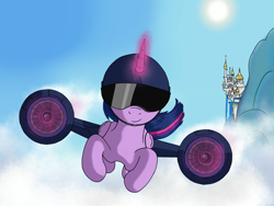 Size: 2048x1536 | Tagged: safe, artist:negasun, twilight sparkle, twilight sparkle (alicorn), alicorn, pony, canterlot, engine, flying, helmet, magic, solo