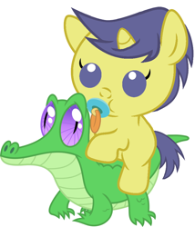 Size: 786x917 | Tagged: safe, artist:red4567, comet tail, gummy, pony, baby, baby pony, cute, pacifier, ponies riding gators, recolor, riding, weapons-grade cute