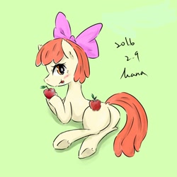 Size: 1000x1000 | Tagged: safe, artist:kanaowo, apple bloom, earth pony, pony, :p, apple, bloom butt, blushing, bow, butt, dock, drool, female, filly, foal, food, fruit, green background, hair bow, licking, licking lips, looking at you, looking back, looking back at you, plot, shadow, signature, simple background, smiling, smiling at you, solo, tongue out