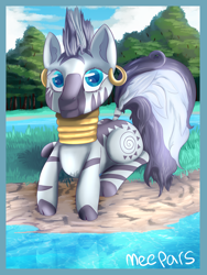 Size: 1024x1365 | Tagged: safe, artist:meepars, zecora, zebra, forest, river, solo