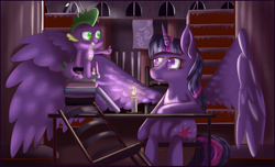 Size: 1024x623 | Tagged: safe, artist:meepars, spike, twilight sparkle, twilight sparkle (alicorn), alicorn, dragon, pony, candle, female, impossibly large wings, mare