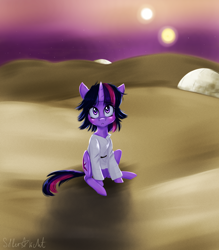 Size: 2100x2400 | Tagged: safe, artist:silbersternenlicht, twilight sparkle, binary sunset, clothes, crossover, looking up, luke skywalker, messy mane, sitting, solo, star wars, tatooine, two suns