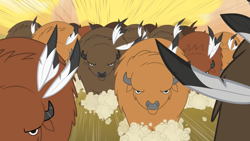 Size: 1280x720 | Tagged: safe, screencap, buffalo, over a barrel, feather, herd, speed lines, stampede