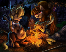 Size: 1600x1271 | Tagged: safe, artist:aschenstern, oc, oc only, oc:ariel radiance, oc:katya ironstead, alicorn, pony, alicorn oc, armor, balalaika, bonfire, campfire, clothes, commission, crossover, dark souls, duet, duo, eyes closed, female, forest, greatsword, guitar, male, mandolin, mare, musical instrument, night sky, open mouth, playing, red eyes, singing, sitting, stallion, sword, warrior, weapon, zweihander