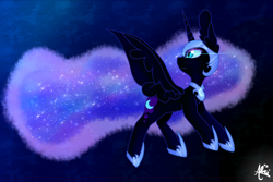 Size: 3000x2000 | Tagged: safe, artist:alcithata, nightmare moon, flying, looking back, solo