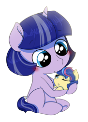 Size: 1280x1762 | Tagged: safe, artist:marukouhai, oc, oc only, oc:ceres, oc:honeydew feather, pony, baby, baby pony, blanket, blushing, brother and sister, colt, female, foal, holding a pony, male, offspring, parent:flash sentry, parent:twilight sparkle, parents:flashlight, siblings, tail wrap