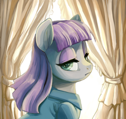 Size: 5000x4735 | Tagged: safe, artist:buttercupsaiyan, maud pie, absurd resolution, bust, colored pupils, curtains, female, lidded eyes, looking at you, looking back, solo