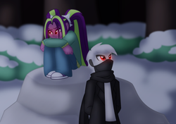 Size: 1162x817 | Tagged: safe, artist:faith-wolff, aria blaze, fanfic:the bridge, equestria girls, duo, equestria girls-ified, female, godzilla (series), male, monster x, red eyes, snow