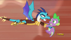 Size: 1920x1080 | Tagged: safe, screencap, princess ember, spike, dragon, gauntlet of fire, discovery family logo, dragon armor, flying