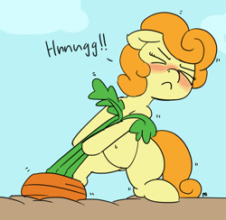 Size: 1280x1248 | Tagged: safe, artist:pabbley, carrot top, golden harvest, belly button, carrot, cute, eyes closed, food, hnnng, solo, struggling