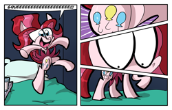 Size: 1280x822 | Tagged: safe, artist:joeywaggoner, bed, comic, cutie mark, diane, glass, glass of milk, glasses, jumping, milk, mood whiplash, pillow, redesign, shocked, solo, squee, the clone that got away, tray