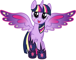 Size: 5169x4049 | Tagged: safe, artist:osipush, twilight sparkle, twilight sparkle (alicorn), alicorn, pony, absurd resolution, colored wings, cutie mark magic, female, mare, multicolored wings, open mouth, rainbow power, rainbow power-ified, rainbow wings, raised hoof, simple background, solo, transparent background, vector