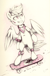 Size: 2000x2987 | Tagged: safe, artist:yellowrobin, scootaloo, pony, bandage, bandana, bipedal, cutie mark, grin, looking back, simple background, skateboard, skating, solo, the cmc's cutie marks, traditional art