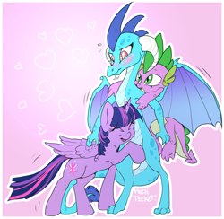 Size: 1889x1840 | Tagged: safe, artist:hellticket, princess ember, spike, twilight sparkle, twilight sparkle (alicorn), alicorn, dragon, pony, gauntlet of fire, bisexual, cute, emberbetes, emberlight, emberspike, female, hug, lesbian, lesbian in front of boys, lucky bastard, male, mare, ot3, scratching, shipping, spike gets all the mares, straight, twispember, twispike