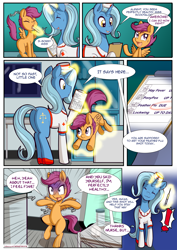 Size: 1860x2622 | Tagged: safe, artist:anibaruthecat, scootaloo, oc, oc:cobalt, pegasus, pony, unicorn, comic:cutiemark check-up 2, :3, bipedal, clipboard, comic, dialogue, doctor, exclamation point, eyes closed, female, filly, glowing horn, injection, levitation, magic, mare, needle, scared, scrunchy face, syringe, telekinesis, tongue out, trypanophobia, vaccination