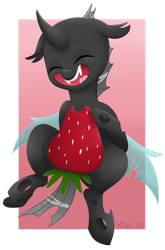 Size: 1024x1553 | Tagged: safe, artist:zombies8mywaffle, changeling, bite mark, cute, cuteling, food, happy, smiling, solo, strawberry