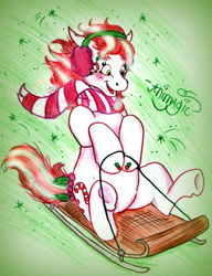 Size: 1409x1837 | Tagged: safe, artist:animagicworld, g3, beads, candy cane (g3), clothes, earmuffs, scarf, sled, solo, traditional art