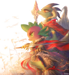 Size: 1381x1500 | Tagged: safe, artist:girlsay, dragon lord ember, gummy, princess ember, spike, dragon, gauntlet of fire, armor, badass, bloodstone scepter, cape, clothes, epic, female, gauntlet, helmet, male, patreon, patreon logo, scarf, serious, serious face, slit eyes, spear, sword, trio, weapon