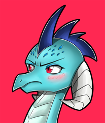Size: 1500x1758 | Tagged: safe, artist:flam3zero, princess ember, dragon, gauntlet of fire, blushing, bust, cute, dragoness, emberbetes, glare, portrait, red background, simple background, solo, tsundember, tsundere