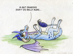 Size: 800x595 | Tagged: safe, artist:el-yeguero, princess ember, dragon, gauntlet of fire, bellyrubs, blushing, cute, dialogue, dragoness, emberbetes, female, imminent belly rub, on back, open mouth, solo, traditional art, tsundember, tsundere