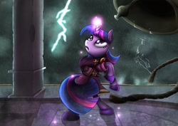 Size: 1980x1400 | Tagged: safe, artist:swordflash4, twilight sparkle, bell, lightning, macroschism, magic, rain, rearing, rope, solo