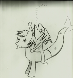 Size: 582x623 | Tagged: safe, artist:theengideer, fish, mermaid, merpony, crossover, fishman, fishy, riding, sketch, text