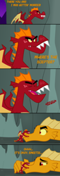 Size: 600x1755 | Tagged: safe, artist:queencold, garble, oc, oc:caldera, dragon, gauntlet of fire, cave, comforting, comic, dragon oc, dragoness, female, garble's hugs, hug, misunderstanding, mother, mother and child, mother and son, parent, parent and child, teenaged dragon
