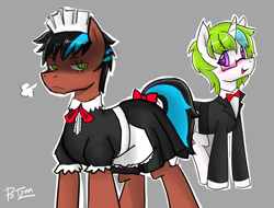 Size: 2016x1529 | Tagged: safe, artist:potzm, oc, oc only, oc:aiden, oc:kos, blushing, clothes, crossdressing, doodle, maid