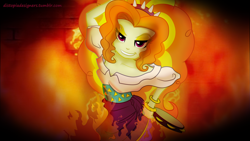 Size: 3840x2160 | Tagged: safe, artist:lima-hibiki, adagio dazzle, equestria girls, clothes, esmeralda, evil grin, fire, hellfire, hunchback of notre dame, looking at you, musical instrument, skirt, smirk, solo, tambourine