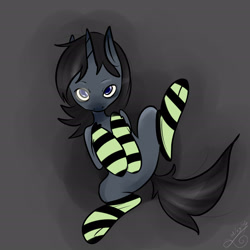 Size: 2480x2480 | Tagged: safe, artist:falloutmuse, oc, oc only, oc:absentia, clothes, gray, socks, solo, striped socks