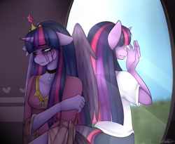 Size: 935x768 | Tagged: safe, artist:rainbowhitter, twilight sparkle, twilight sparkle (alicorn), alicorn, anthro, happiness, mirror, sadness