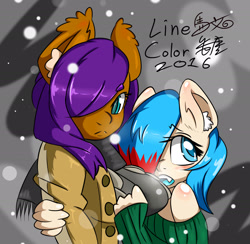 Size: 2048x2000 | Tagged: safe, artist:cutiepoppony, artist:umabun, artist:馬文, oc, oc only, oc:cordon, oc:watercolor lollipop, anthro, anthro oc, blushing, breasts, female, snow, snowfall