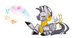 Size: 2000x1050 | Tagged: safe, artist:mistiknco, zecora, zebra, cutie mark, eyes closed, happy, magic, mane six, mane six cutie marks, prone, signature, simple background, solo, transparent background