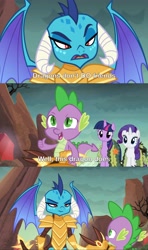 Size: 2732x4611 | Tagged: safe, derpibooru import, screencap, princess ember, rarity, spike, twilight sparkle, twilight sparkle (alicorn), alicorn, dragon, pony, unicorn, gauntlet of fire, caption, dragon armor, female, mare, out of context, seaweed, subtitles