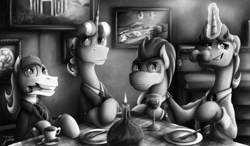 Size: 1250x731 | Tagged: safe, artist:jamescorck, flam, flim, lucky clover, silver shill, alcohol, brothers, clothes, dinner, flim flam brothers, glass, grayscale, hatless, missing accessory, monochrome, necktie, smoking, story included, suit, wine