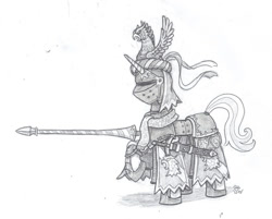 Size: 997x802 | Tagged: safe, artist:sensko, pony, unicorn, armor, black and white, chevalier, fantasy class, grayscale, helmet, knight, lance, monochrome, pencil drawing, prance, solo, sword, traditional art, warrior, weapon