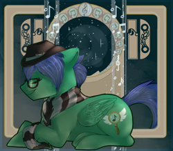 Size: 4000x3500 | Tagged: safe, artist:segraece, oc, oc only, oc:swiftnote, pegasus, pony, commission, cute, fanart, fixed, hat, lying down, male, modern art, music, music notes, nouveau, sleeping, solo, updated
