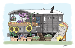 Size: 2636x1688 | Tagged: safe, artist:bobthedalek, oc, oc only, oc:mixed melody, oc:octavia's father, oc:octavia's mother, oc:ostinato melody, earth pony, pony, brake van, chair, deck chair, eyes closed, flower, garden, hat, mouth hold, potted plant, sitting, train
