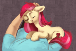 Size: 1500x1001 | Tagged: safe, artist:lis-alis, roseluck, earth pony, human, pony, abstract background, cute, eyes closed, female, floppy ears, fluffy, mare, petting